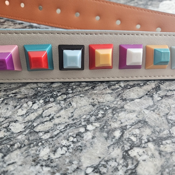 CLEARLY Light Grey Leather Strap With Multi Colored Pop Detail And Gold Hardware - Picture 9 of 11